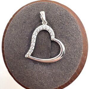 VTG Sterling Silver 925 Cubic Zirconia Open Heart Pendant Size 1" Length